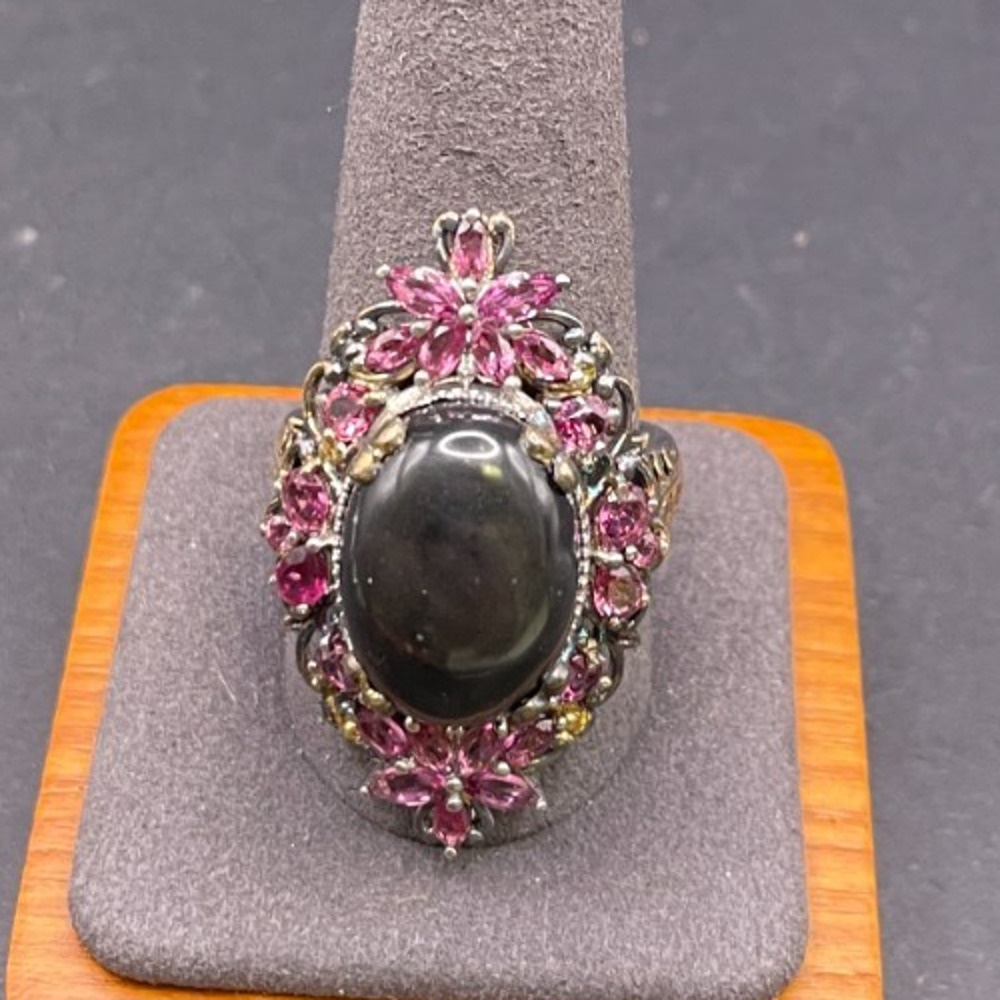 Vtg 925 Sterling Silver Oval Black Star Sapphire Pink Tourmaline Ring Size 11